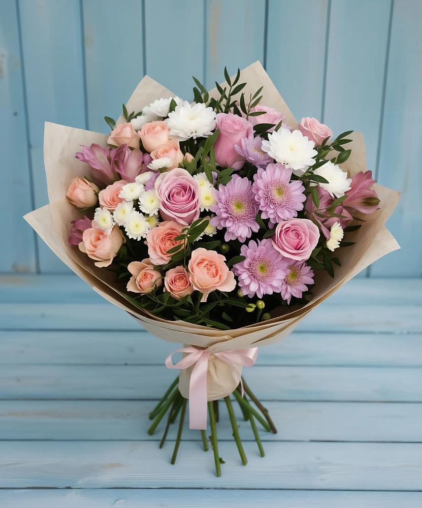Букет цветов из: Хризантемы, Розы и Альстромерии в Красноярской Ростовская область