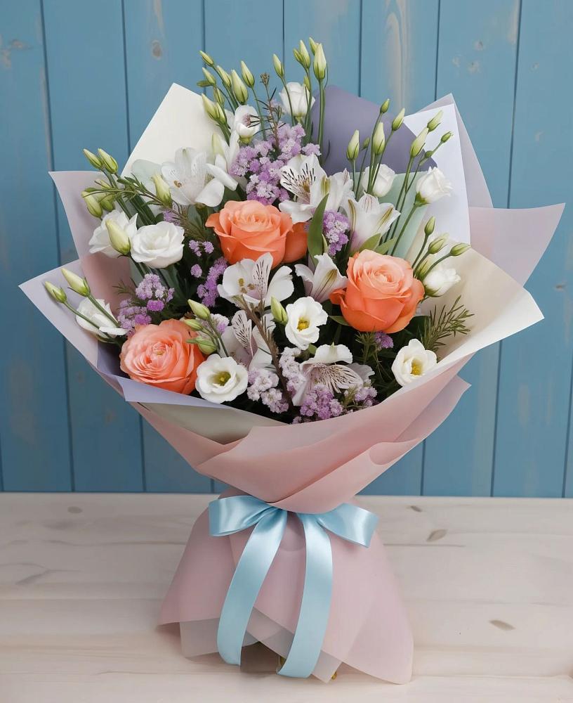 Букет цветов из: Лизиантусы, Розы, Альстромерии и Гипсофила в Красноярской Ростовская область
