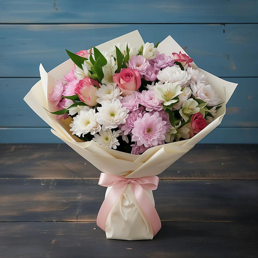 Букет цветов из: Хризантемы, Альстромерии и Розы в Красноярской Ростовская область